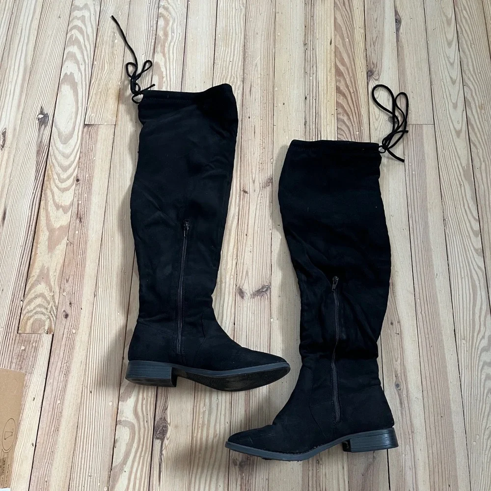 Charlotte Russe Black Suede Over The Knee Boots Tie Back‎ Flat Heel Size 8